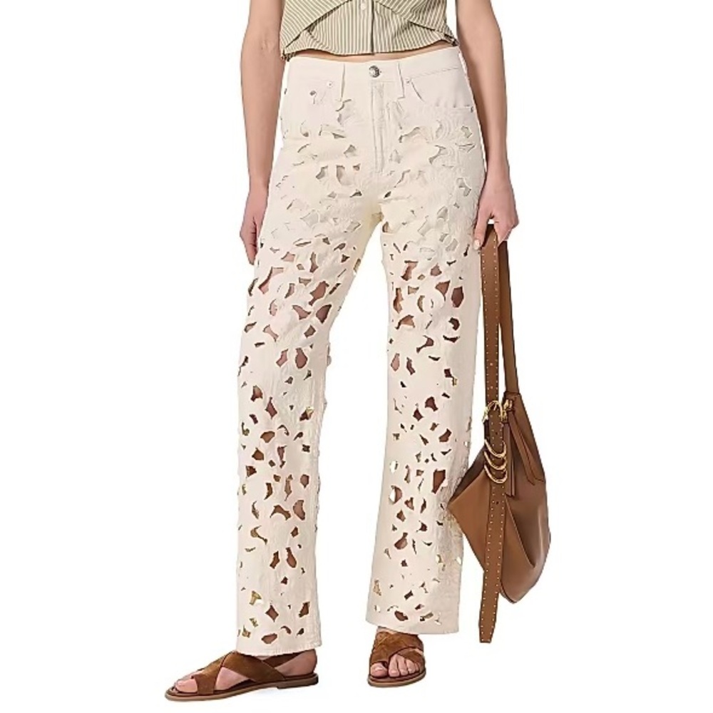 Rag & Bone Logan Floral Cutout Ecru Wide Leg Jean Pants